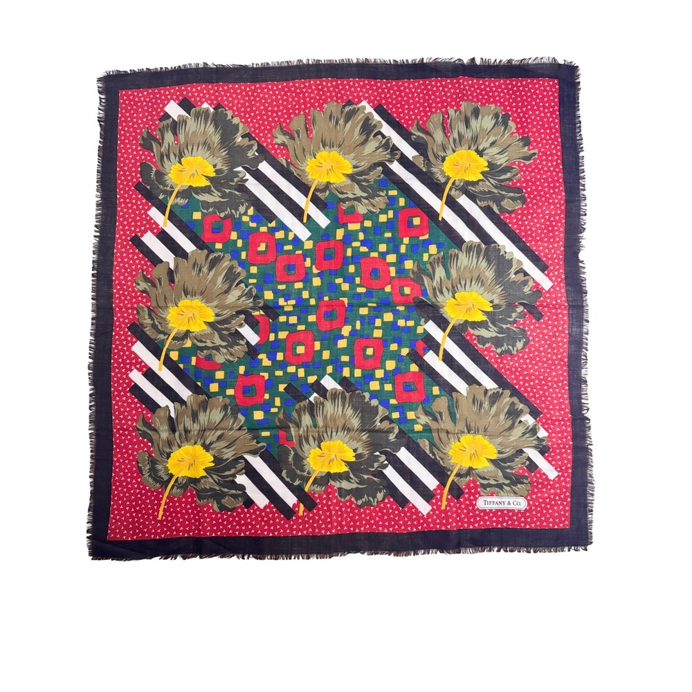 Vintage Tiffany & Co Floral Geometric Square Scarf Fringe 34x34 Multicolor